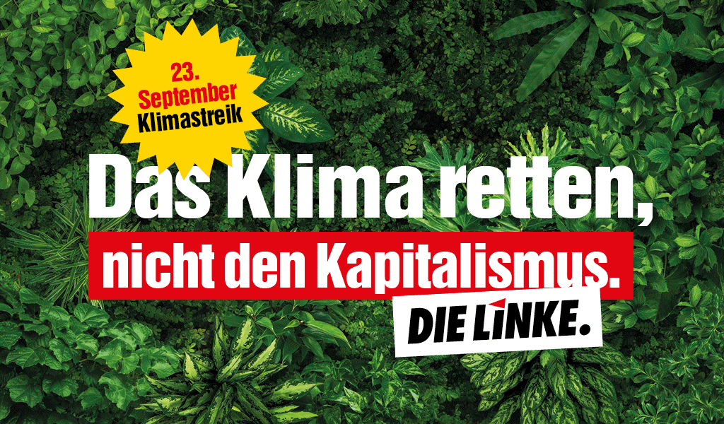 Text: 23. September Klimastreik Das Klima retten, nicht den Kapitalismus. Die Linke. Hintergrundbild: Grüne Blätter von oben.