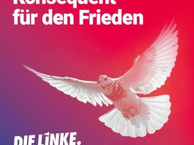 Text: "Konsequent für den Frieden", Bild: "Friedenstaube", DIE LINKE. Bayern