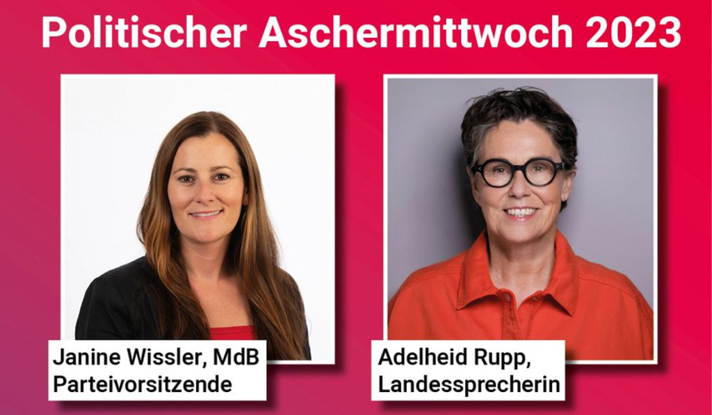 Politischer Aschermittwoch 2023 mit Janine Wissler und Adelheid Rupp (beide im Porträt)